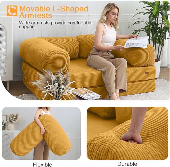 COMAX Folding Sofa Bed, 4-in-1 Convertible Foldable Floor Couch Futon Sofa with Armrests, Sleeper Mattress Fold Out Chair Bed Comfy Portable Lounge Guest for Living Room Bedroom, Yellow