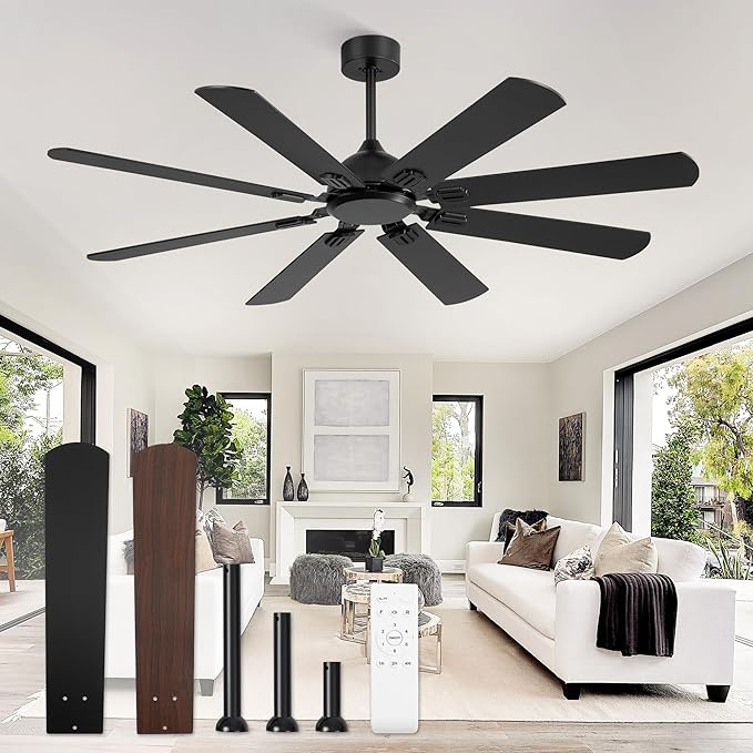 Fanbulous 62 Inch Ceiling Fans No Light with Remote, Modern Ceiling Fan Without Light, Dual Finish 8 Blades, Reversible Quiet DC Motor, 6 Speed, Large Ceiling Fan for Indoor or Covered Outdoor, Black