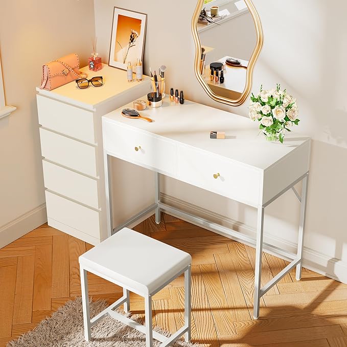 SUPERJARE 35.4" White Desk with 2 Drawers, Modern Makeup Vanity with Padded Stool, Small Computer Desk Home Office Desk for Writing Study Bedroom