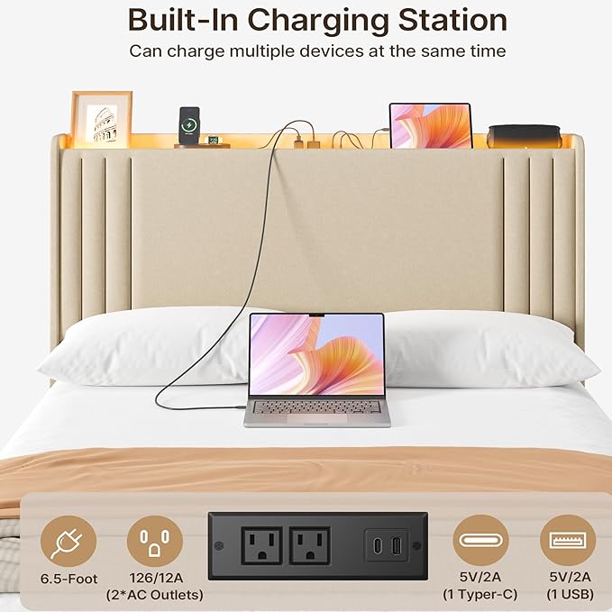 Gizoon Full Bed Frame with Charging Station and LED Lights,Upholstered Wingback Platform Bed with Wooden Slats,Noise-Free,No Box Spring Needed
