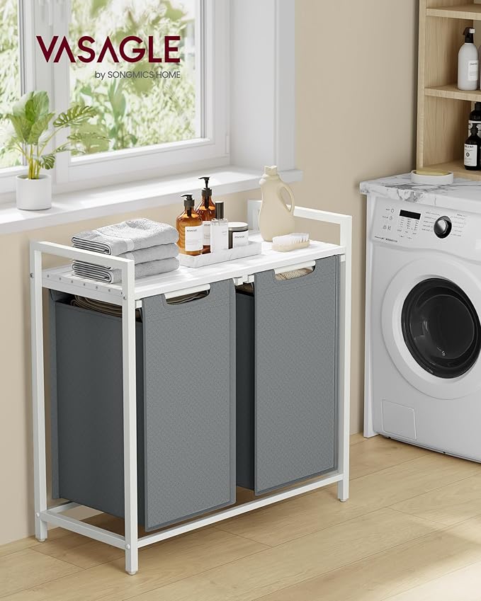 VASAGLE Laundry Hamper, Laundry Basket, Laundry Sorter with 2 Pull-Out and Removable Bags, Shelf, Metal Frame, 2 x 12.1 Gallons (46 L), 28.8 x 13 x 28.4 Inches, Slate Gray and Cloud White UBLH201W11
