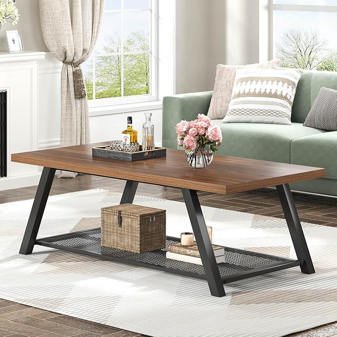 FOLUBAN Modern Coffee Table, Rustic Wood and Metal Center Table with Storage, Industrial Rectangle Cocktail Tea Table for Living Room, Walnut, 47 Inch