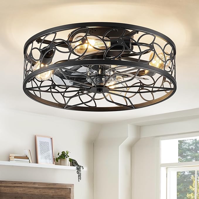 LEDIARY Caged Ceiling Fans with Lights, Black Flush Mount Ceiling Fan with Remote, Small Low Profile Bladeless Ceiling Fan Light Fixture for Bedroom, Kitchen, Dining Room.