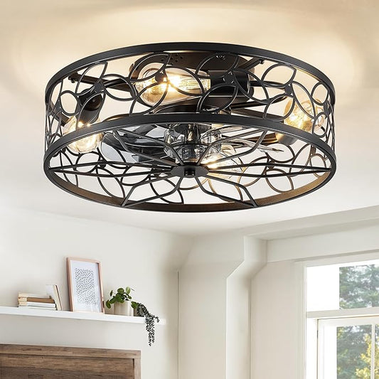 LEDIARY Caged Ceiling Fans with Lights, Black Flush Mount Ceiling Fan with Remote, Small Low Profile Bladeless Ceiling Fan Light Fixture for Bedroom, Kitchen, Dining Room.
