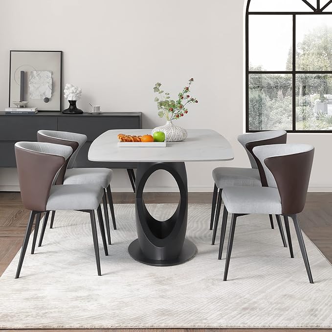 POVISON 63" Modern Dining Table for 4-6 People, Matte White Dining Room Table, Sintered Stone Dinner Tabletop with X-Shape Carbon Steel Pedestal, Rectangle Table for Kitchen Living Room(Table Only)