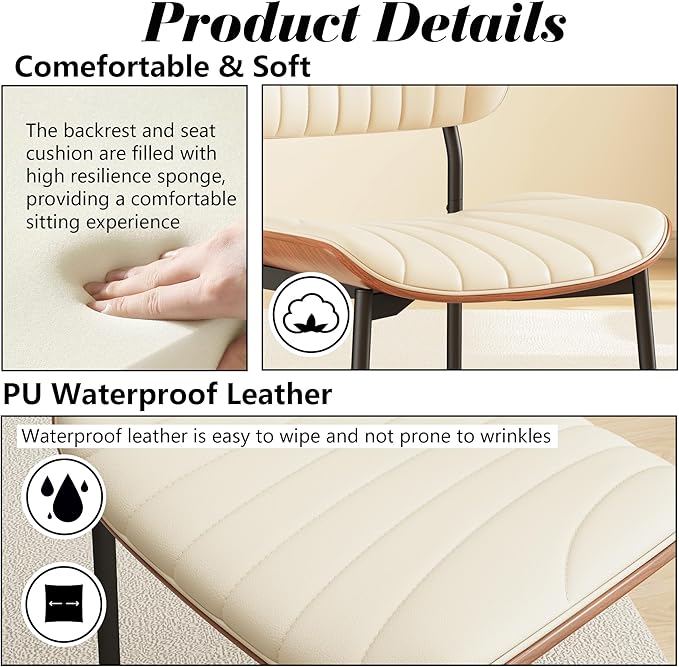 Modern PU Leather Dining Room Chairs Set of 2, Upholstered Kitchen Chairs with Curved Wood Backrest and Metal Legs Adjustable Feet for Kitchen Dining Room(Beige)