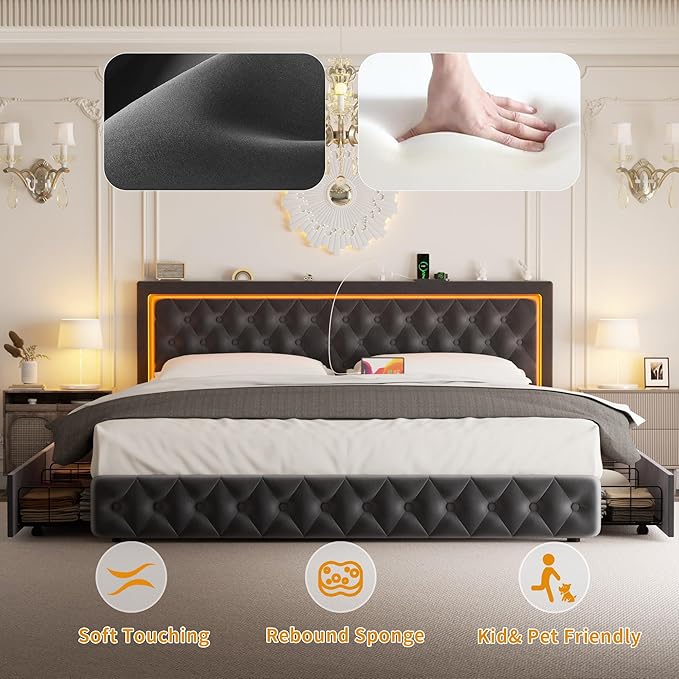 Queen Bed Frame with 4 Storage Drawers, Velvet Upholstered Bed Frame Queen Size with Charging Station and LED Lights, 46" Adjustable Button Tufted Headboard, No Box Spring Needed, Grey