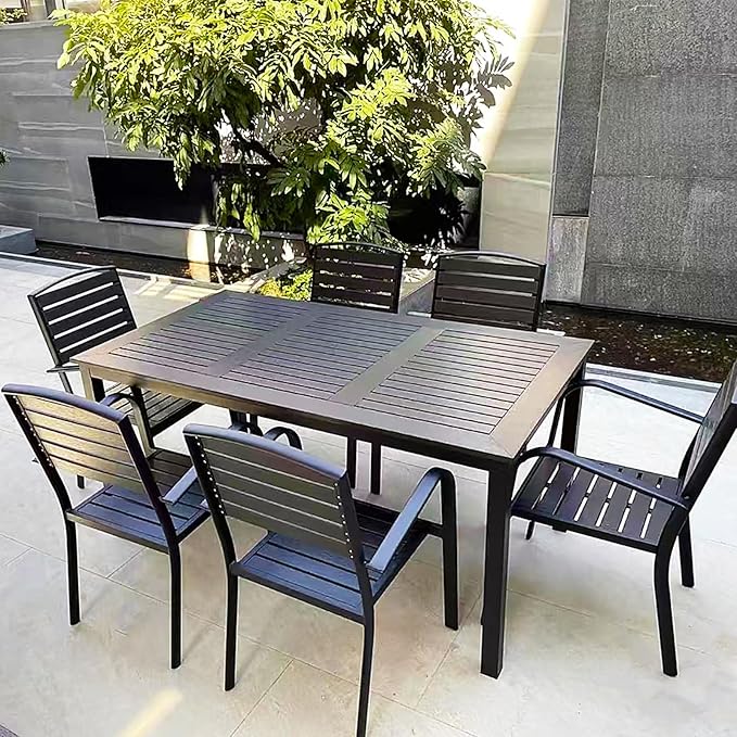 ZZV Outdoor Dining Table for 6-Person Rectangle Indoor Outdoor Table with Wood-Like Surface, Weather-Resistant Outside Dining Table for Patio Lawn Garden Backyard, 35" D x 63" W x 29" H, Black