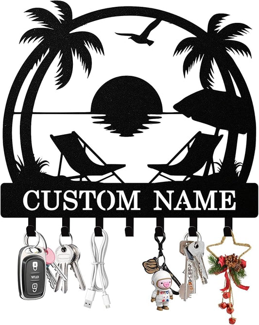 Personalized Beach Key Holder Wall Mount, Custom Metal Keys Hanger for Wall with Name, Custom Key Rack Holder with Hooks for Home, Entryway, Front Door, Living Room, Kitchen, Bathroom