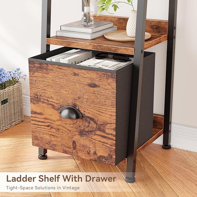 Furologee 4 Tier Narrow Ladder Shelf, Ladder Bookshelf with Drawer, Industrial Shelves Storage Rack Organizer,Skinny Display Shelving Units for Living Room, Home Office, Bedroom,Rustic Brown