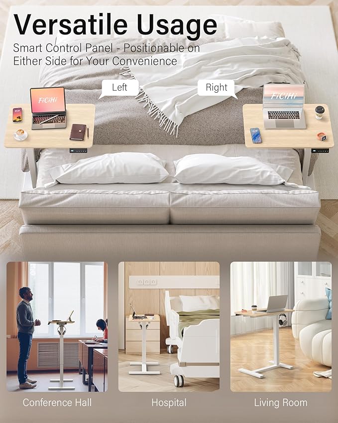 FiCiHi Small Electric Standing Desk - Adjustable Height Bedside Laptop Table with Wheels, Mobile, Portable Rolling Computer Cart,Movable, Home Office, Sofa, Couch Use(24x16,Maple)