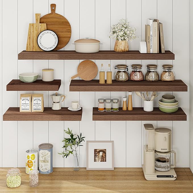 Fun Memories Floating Shelves 36 Inch Long, 9.3Inch Deep Floating Shelves for Wall, Extra Deeper & Thicker Wall Mounted Storage Shelf for Kitchen, Farmhouse, Walnut, 2 Pack