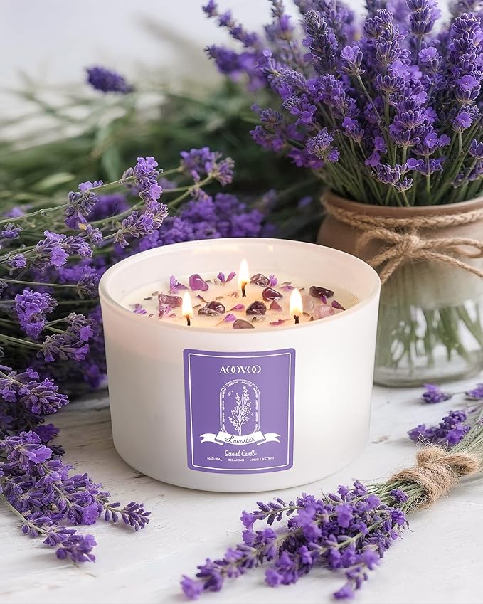 AOOVOO Lavender Scented Candles for Women - 20oz 3 Wick Soy Candles for Home Scented, Aromatherapy Candle with Crystals Inside, Birthday Gifts Christmas Candle for Women Mom