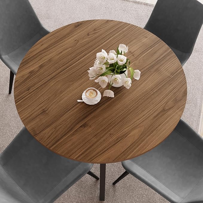 34.6'' Round Dining Table and Chairs for 4 Space Saving for Apartment Kitchen Dining Room (Walnut Table+4 Grey Chairs)