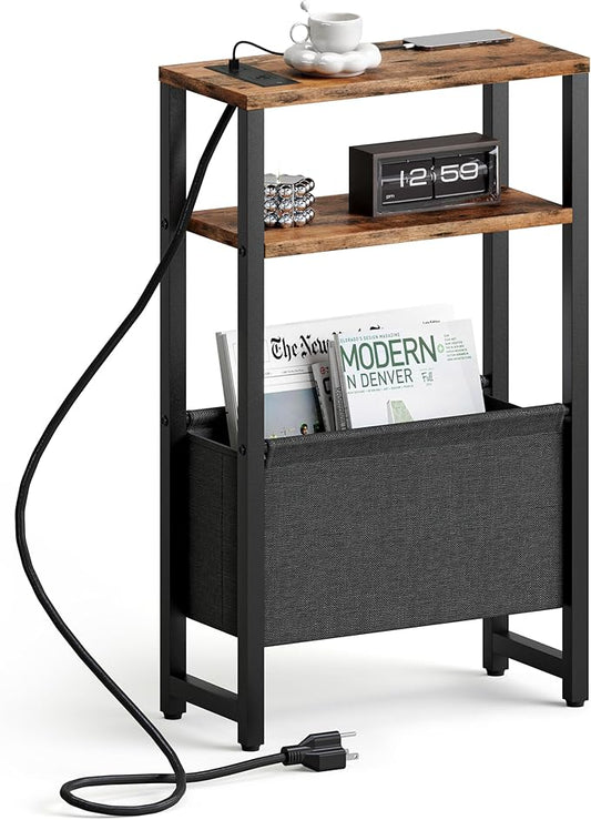 Narrow Side Table with Charging Station Slim End Table Sofa with Magazine Rack, Bedside Table for Small Spaces, 3 Tier Nightstand for Living Room Couch, Bedroom Rustic Brown LET503RE