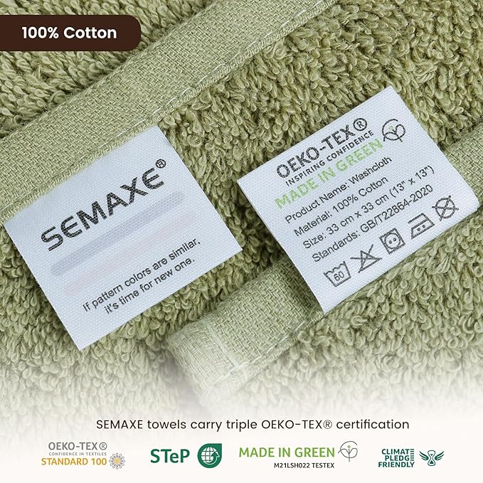 SEMAXE 100% Cotton Washcloths for Bathroom - 24 Pack, Quick-Dry Face Towels with Hanging Loop, Highly Absorbent and Soft, 13x13 Inch, Green