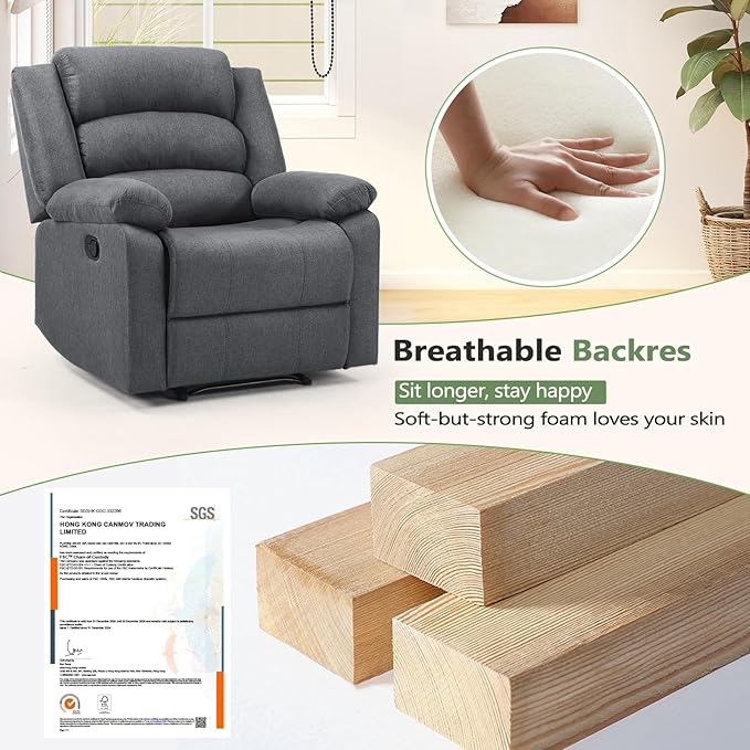 ANJ Fabric Recliner Chair with Overstuffed Arms and Back, Comfy Grey Manual Recliner for Adults, Living Room Single Sofa