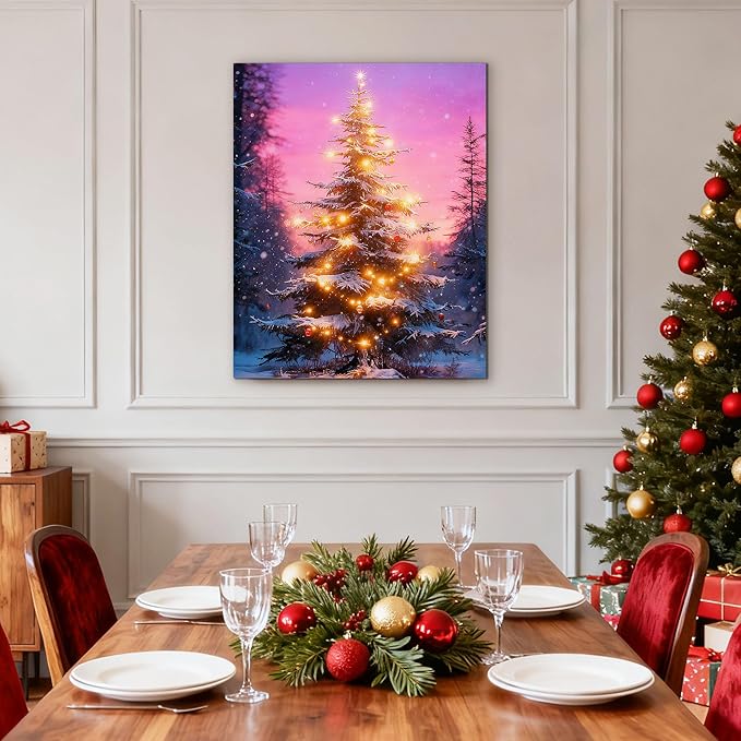 Framed Christmas Pictures Wall Decor,Vintage Pine Tree Prints,Winter Christmas Canvas Wall Art Decoration for Bedroom Bathroom Living Room Rustic Xmas Holiday Gifts (Christmas Tree 18, 12'' X 16'')