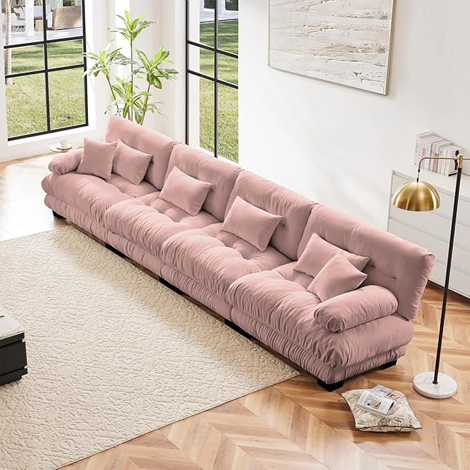 173.2" Oversized 4 Seater Modular Sectional Sofa, Pink Sectional Fluffy Couch Set, Chenille Cloud Couch with 6 Pillows, Deep Seat Sofas for Living Room