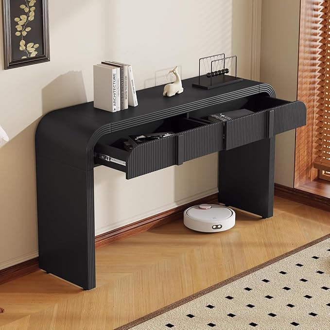 55'' Fluted Console Table with Drawers, Wood Modern Curved Entryway Table with Storage and Rounded Silhouette for EntryWay, Hallway, Foyer (Black)
