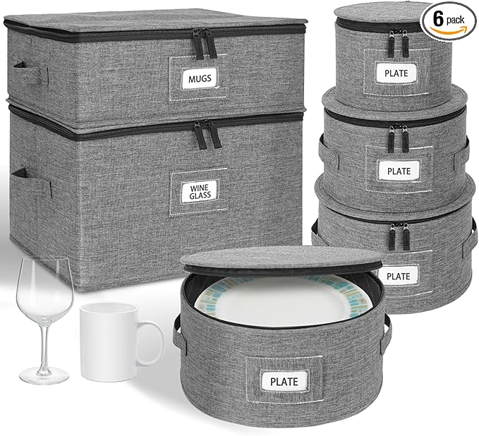 punemi 6-Piece China Storage Containers, Mug & Cup Organizer, Wine Glass Storage Boxes with Dividers & Carry Handles, Structured Moving Boxes for Dinnerware, Glassware, and Stemware ,Grey