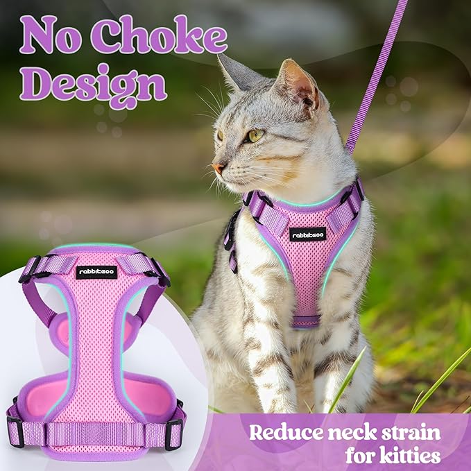 rabbitgoo Cat Harness and Leash Set, Escape Proof Soft Adjustable Vest Harnesses for Outdoor Walking, Easy Control Breathable Kitten Jacket with Reflective Strips, Pink & Purple, XS