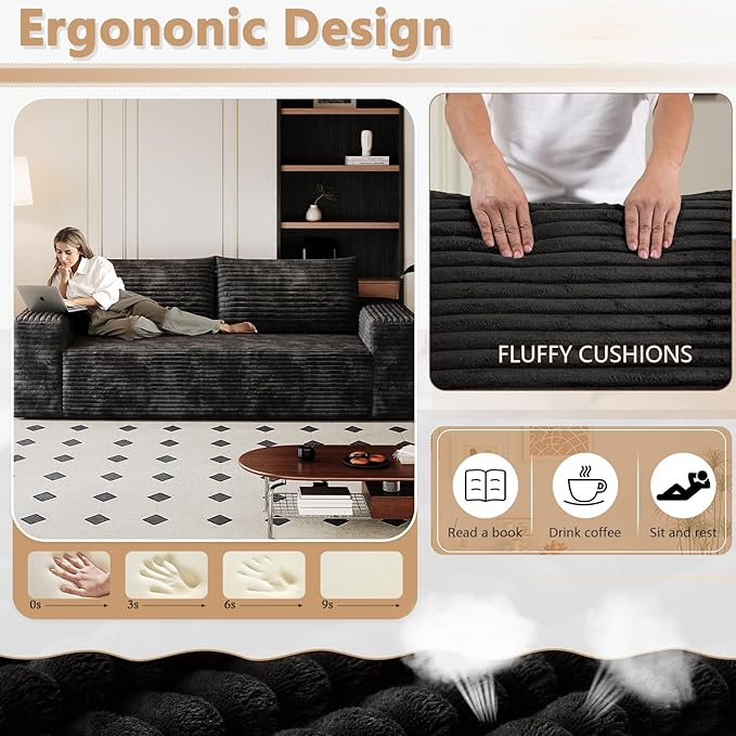 Cloud Loveseat Sofa, Modern Corduroy 2-Seater Couch with Deep Seat, No Assembly Required Memory Foam Sofa, Boneless Sofa in a Box for Bedroom, Apartment, Office,Small Space (Black,63in)