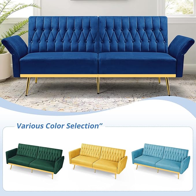 70” Velvet Futon Sofa Bed w/Adjustable Armrests and Backrest, Convertible Futon Couch w/2 Pillows, Modern Sleeper Bed for Living Room, Bedroom, Blue