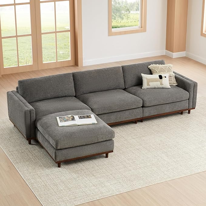 CHITA Super Large Luxury L Shape Convertible Sectional Modular Sofa, Down Filled Modern Sofa with Ottoman, Deep Seat Cloud Couch, 118 inch Width, 4 Seat Couch with Solid Wood Leg, Grey