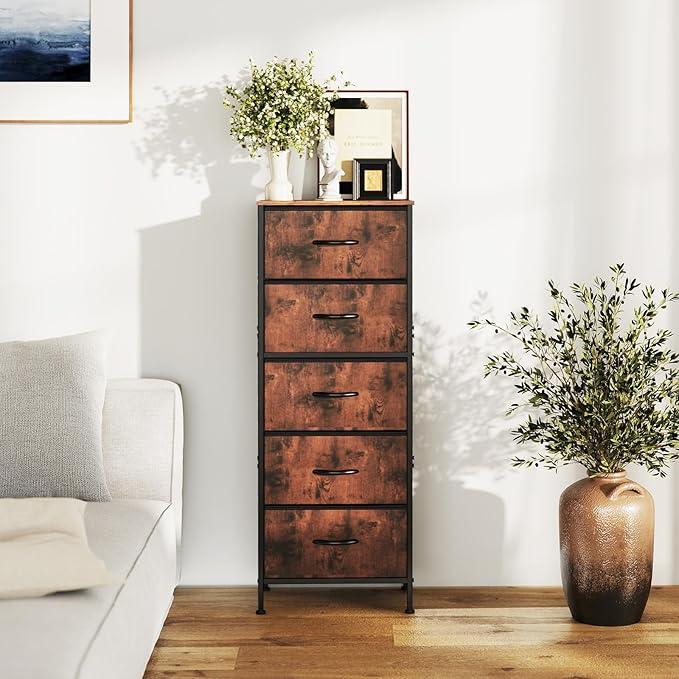 DUMOS Nightstand with 5 Drawers Bedside Table with Removable Fabric Bins Sturdy Steel Frame Wood Top Organizer Furniture for Bedroom Closet Living Room, Brown