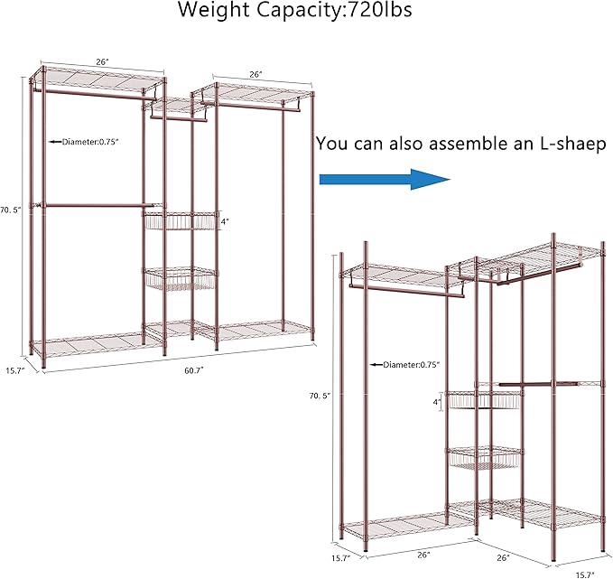 XIOFIO 6 Tiers Heavy Duty Garment Rack,Clothing Storage Organizer, Metal Clothing Rack,Clothing Rack with Hanging Rod,Adjustable Shelf and Fixed Baskets,60.7"L x 15.7"W x 70.5"H Max Load 720LBS,Bronze