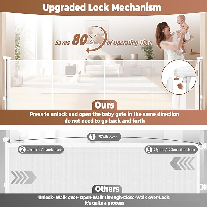 120" Retractable Baby Gate Extra Wide, 41" Tall Retractable Dog Gate for Stairs, Doorways, Decks, Mesh Gate Long Child Gate Pet Gate for Indoor, Outdoor, with Reinforced Mesh Rods, Dual Locks