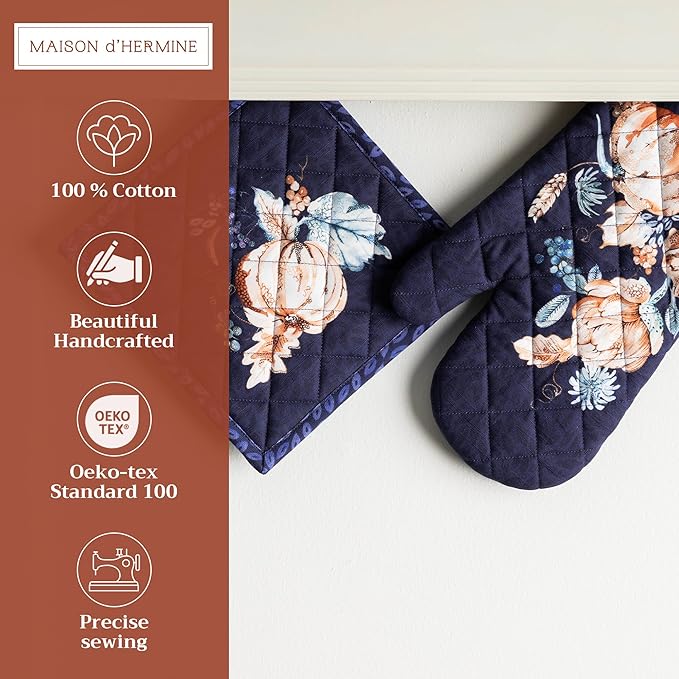 Maison d' Hermine 100% Cotton Oven Mitt & Pot Holder Set (7.5"x13" & 8"x8") Heat Resistant BBQ Cooking Gloves with Loop for Thanksgiving Christmas Decorations Handling Hot Pans (Pumpkin Blues)