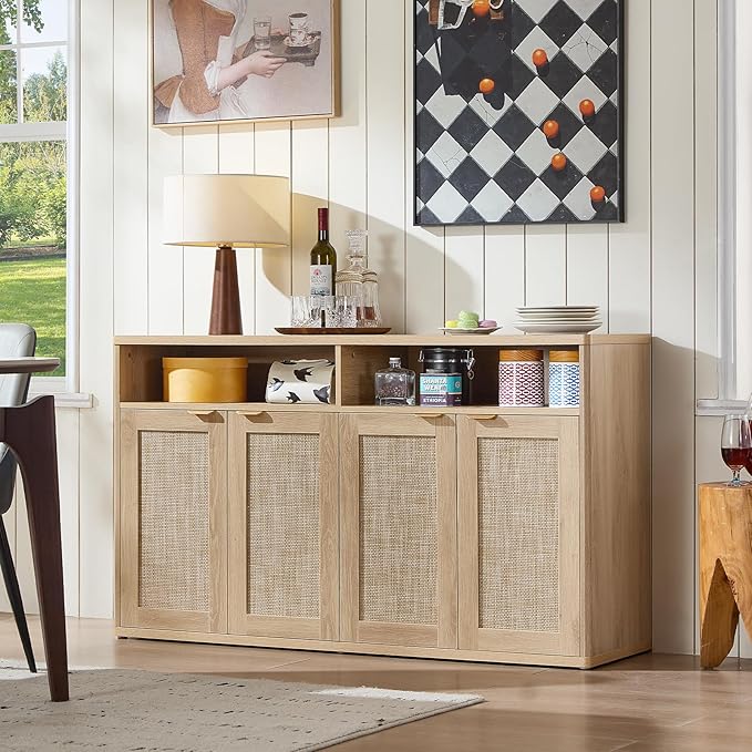 LEYAOYAO Rattan Sideboard Buffet Cabinet,55" Coffee Bar Cabinet with 4 Doors & Open Storage Shelf,Modern Credenza Console Table for Living Room Rattan Farmhouse Entryway Natural