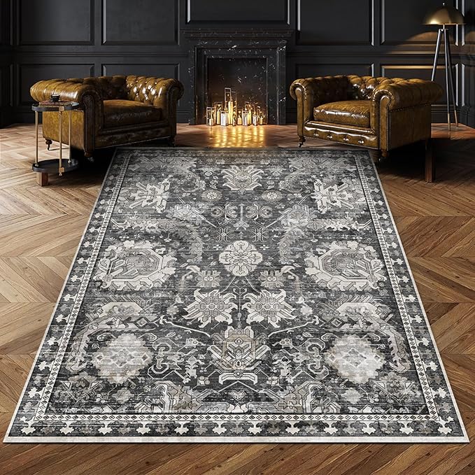RUGSURE Washable Area Rugs - Perfect for Living Room, Bedroom, Kids Room, Nursery - Stain & Water Resistant Non-Slip, Pet & Child Friendly, Vintage Tribal Area Rugs (Grey, 9' x 12')