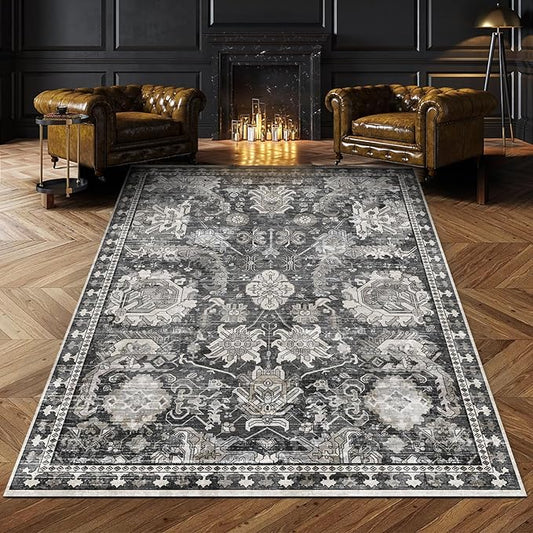 RUGSURE Washable Area Rugs - Perfect for Living Room, Bedroom, Kids Room, Nursery - Stain & Water Resistant Non-Slip, Pet & Child Friendly, Vintage Tribal Area Rugs (Grey, 4' x 6')