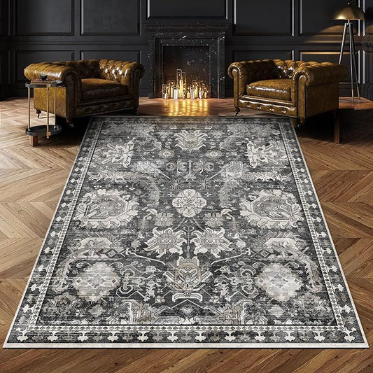 RUGSURE Washable Area Rugs - Perfect for Living Room, Bedroom, Kids Room, Nursery - Stain & Water Resistant Non-Slip, Pet & Child Friendly, Vintage Tribal Area Rugs (Grey, 6' x 9')