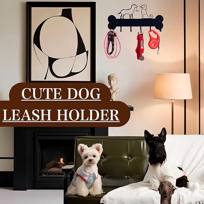 Dog Leash Holder Wall Mount, Dog Supply Organizer with 6 Hooks, Metal Key Hooks for Wall， Wall Storage for Hanging Leash, Vest, Harness, Keys