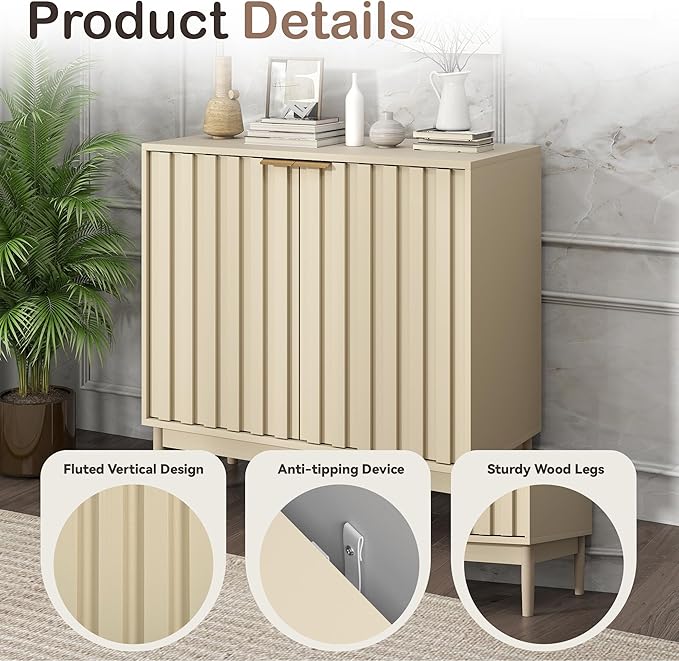 Fluted Sideboard with Storage, Buffet Cabinet Sideborad with Door, Kitchen Buffet Storage Accent Cabinets with Adjustable Shelves for Living Room, Entry, Hallway, Beige