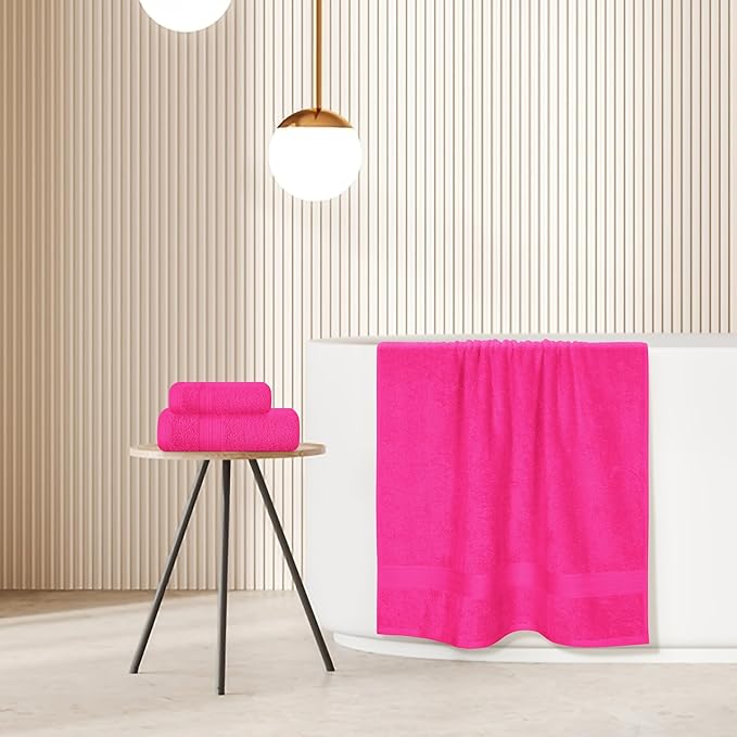BOUTIQUO Ultra Soft 3 Pack Cotton Towel Set, Contains a Bath Towels 27x54 inch, a Hand Towels 16x24 inch & a Wash Coths 12x12 inch, Ideal Everyday use, Compact & Lightweight - Hot Pink