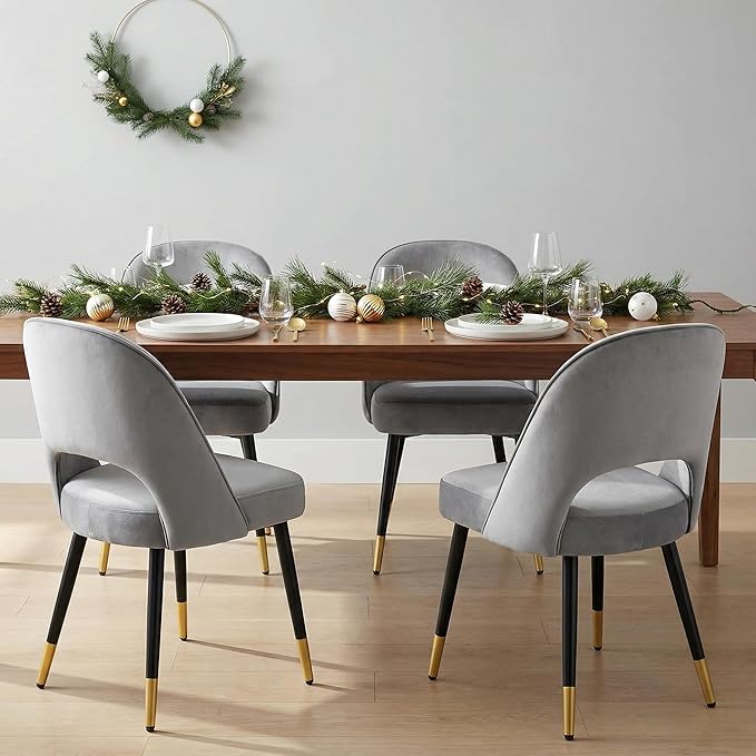 LukeAlon Classic Velvet Dining Chairs Set of 4, Upholstered Open Back Kitchen Chairs with Metal Legs Armless Side Chairs Mid Century Dining Chair for Dining Room, Grey