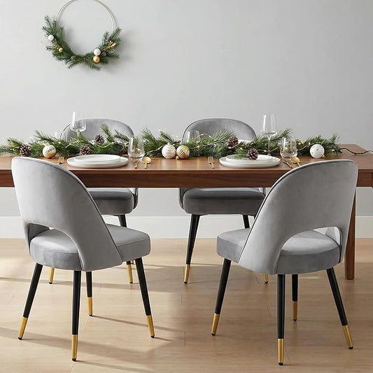 LukeAlon Classic Velvet Dining Chairs Set of 4, Upholstered Open Back Kitchen Chairs with Metal Legs Armless Side Chairs Mid Century Dining Chair for Dining Room, Grey