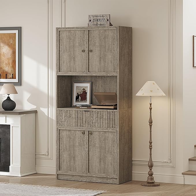 IDEALHOUSE Tall Storage Cabinet, 70" Kitchen Pantry Cabinet with Doors, Fluted Kitchen Hutch Cupboard with Microwave Shelf & Drawer, Freestanding Cupboard for Dining Room, Living Room, Gray