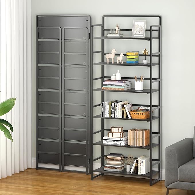 4NM No Assembly 6 Tiers Folding Bookshelf Storage Shelves Vintage Bookcase Standing Racks Study Organizer Home Office (All Black)