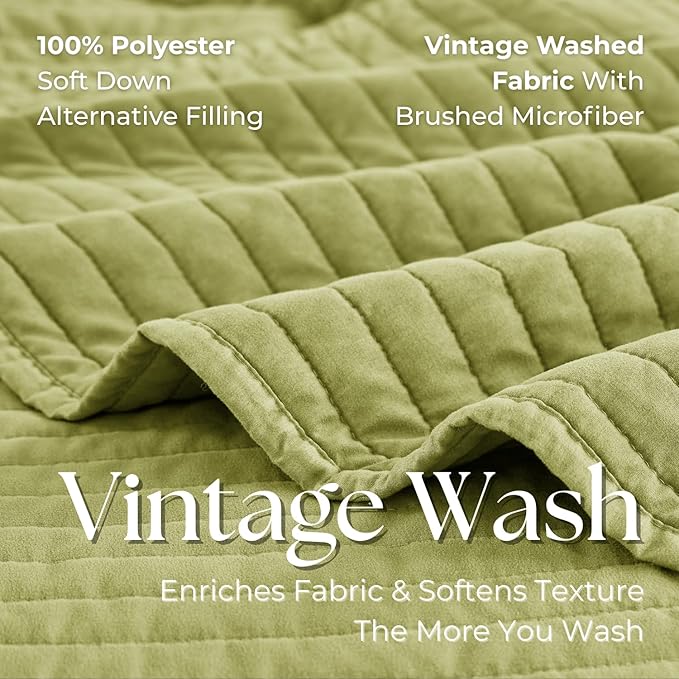 DOWN HOME Queen Quilt Bedding Set with Shams, Vintage Washed Soft Quilted Blanket Thin Comforter Lightweight Bedspread Coverlet Bed Cover, Brushed Microfiber Stripe Stitching, Golden Olive, 86"x90"