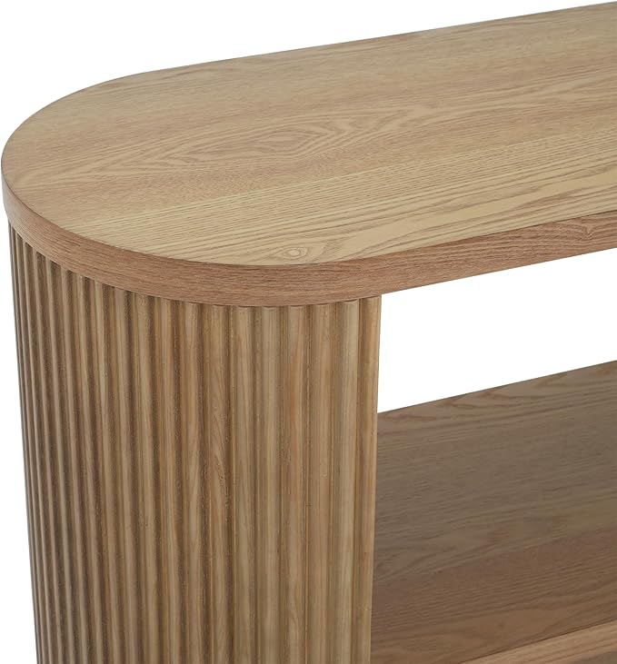 Modern Curved Console Table 59-Inch Oval Fluted Entry Sofa Table with Open Storage Shelves for Living Room Entryway Hallway Furniture, Natural