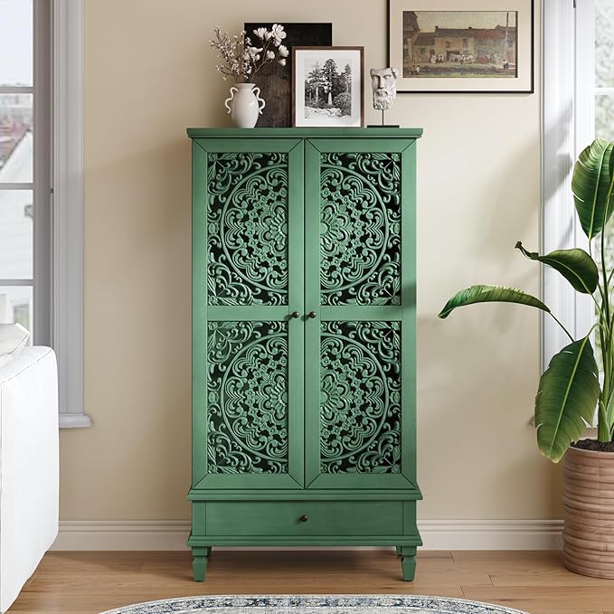 Rustic 55'' Tall Storage Cabinet with 2 Hollow-Carved Doors a Drawer, Wood Accent Cabinet with Solid Wood Legs for Living Room, Hallway, Dining Room (Antique Green-T)