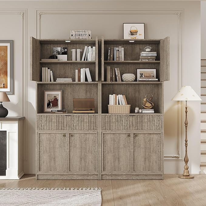 Garvee Tall Kitchen Pantry Cabinet, 70" Pantry Storage Cabinet with Countertop, Fluted Kitchen Hutch Cabinets with Doors and Drawer, Freestanding Cupboard for Dining Room, Living Room, Gray