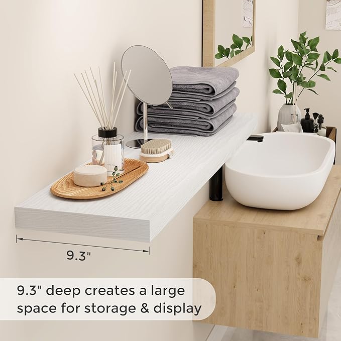 40 Inch Floating Shelves for Wall, 9.3 Inch Deep Shelves for Books & Decor, Wall-Mounted Floating Shelf 40 Inch Long Set of 2, Rustic Wooden Shelf for Living Room, Bedroom, Kitchen, White