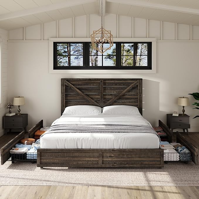 AMERLIFE Full Size Farmhouse Bed Frame with 4 Drawers, Wooden Storage Bed Frame with Headboard and Heavy Duty Metal Slats, Noisy Free, Easy Assemble, Rustic Black